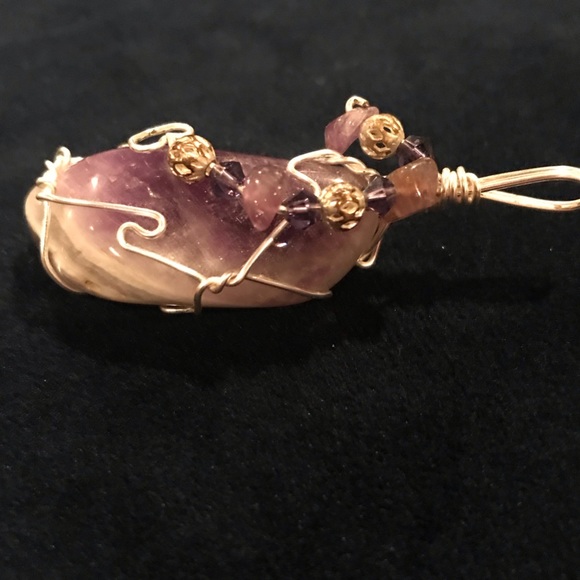 Amethyst Tumbled Stone Pendant w/ Beads, Silver-Tone Wiring-Artisan Made, Unique - Picture 3 of 4